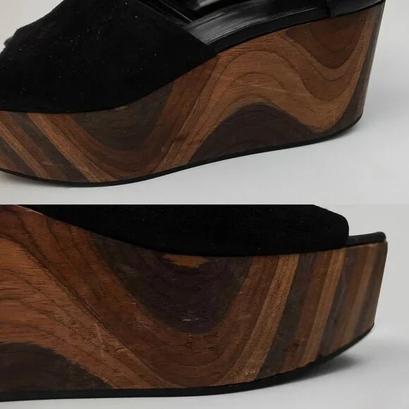 Celine Black Suede Platform Wavy Wood Block Heeled Buckle Sandal - FR 39/US 9 - Picture 8 of 12